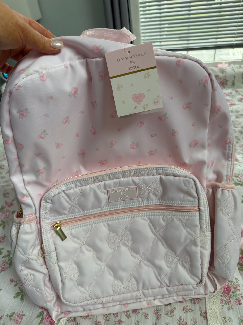 LoveShackFancy Pink Floral Quilted Backpack with Gold Accent Tag